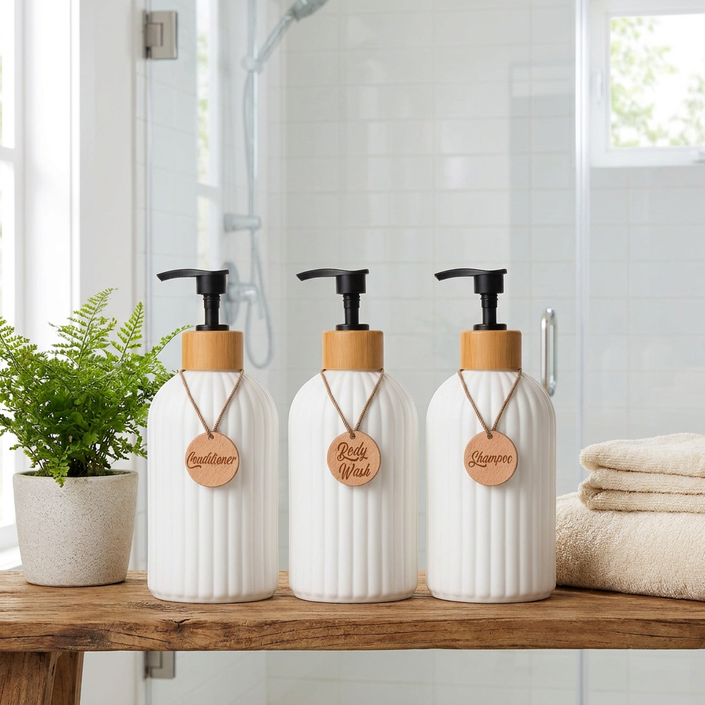 Three white ribbed pump bottles with black dispensers and light wood caps are arranged on a wooden shelf in a bright bathroom setting. Each bottle has a hanging wooden tag engraved with words like 'Sanctuary,' 'Bath & Wash,' and 'Serenity.