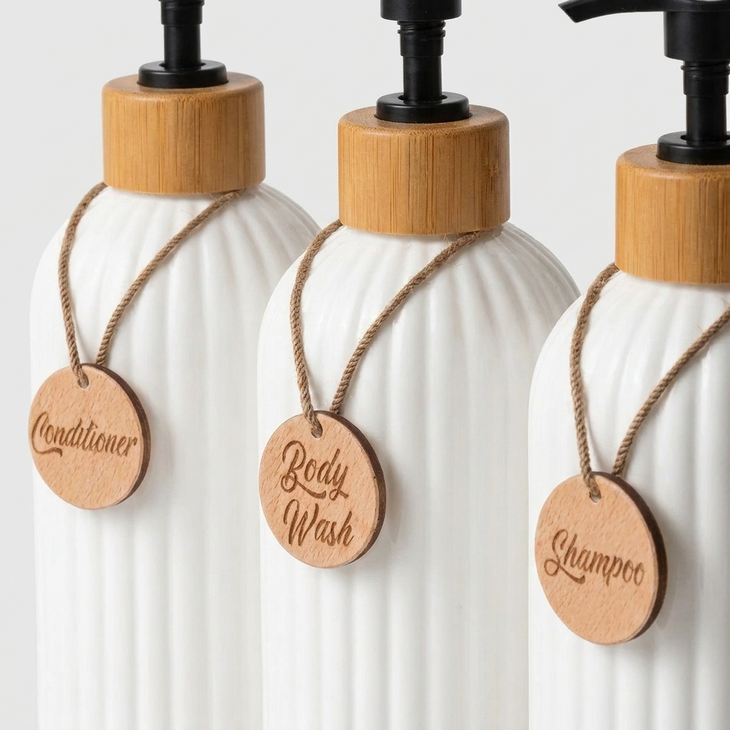 Three white ribbed pump bottles with bamboo caps and black dispensers, each with a hanging round wooden tag labeled Conditioner, Body Wash, and Shampoo.