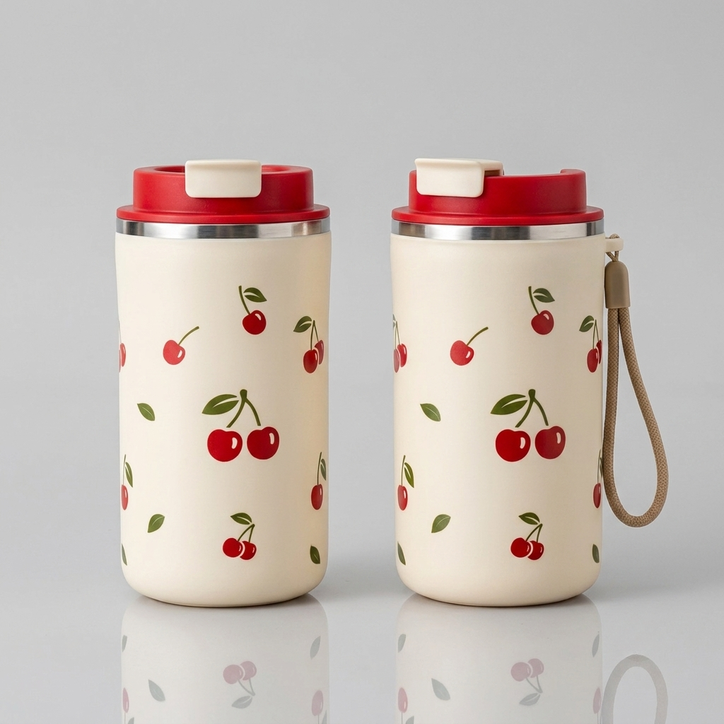 Two cream-colored insulated tumblers with a red lid and a cherry pattern, shown on a light gray reflective surface.