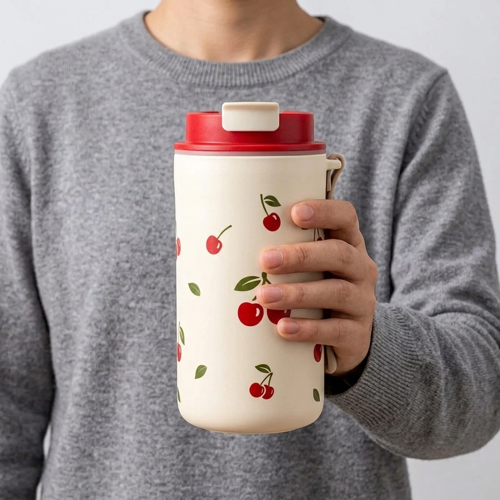 A person in a gray sweater holds a cream-colored insulated tumbler with a red lid and a cherry pattern.
