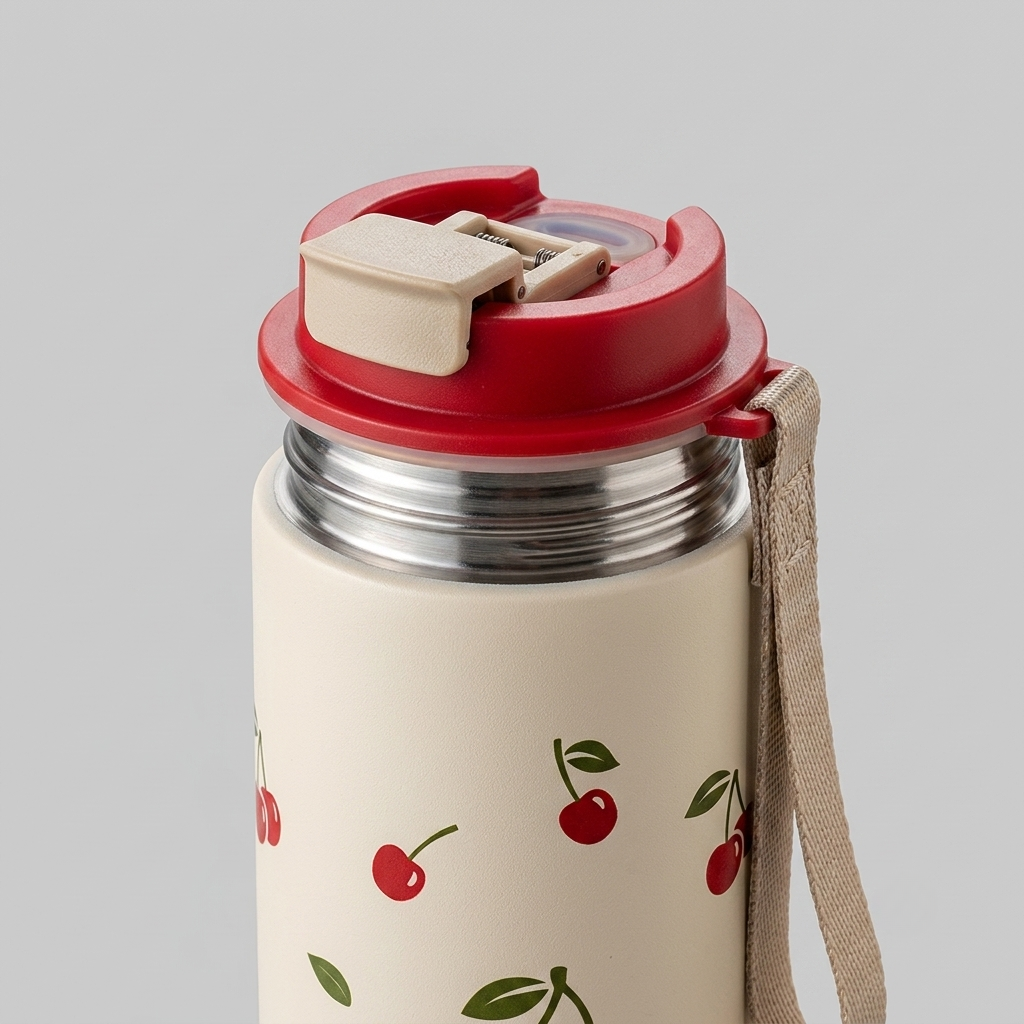 A close-up of a stainless steel water bottle with a cream-colored body decorated with red cherries and green leaves, featuring a red lid with a beige flip-top straw cover and a beige carrying strap, set against a solid gray background.