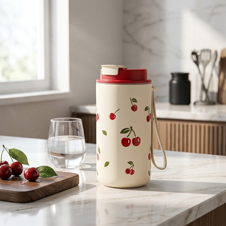 A cream-colored insulated water bottle with a red lid and a red cherry pattern, standing on a marble kitchen counter next to a glass of water and cherries.