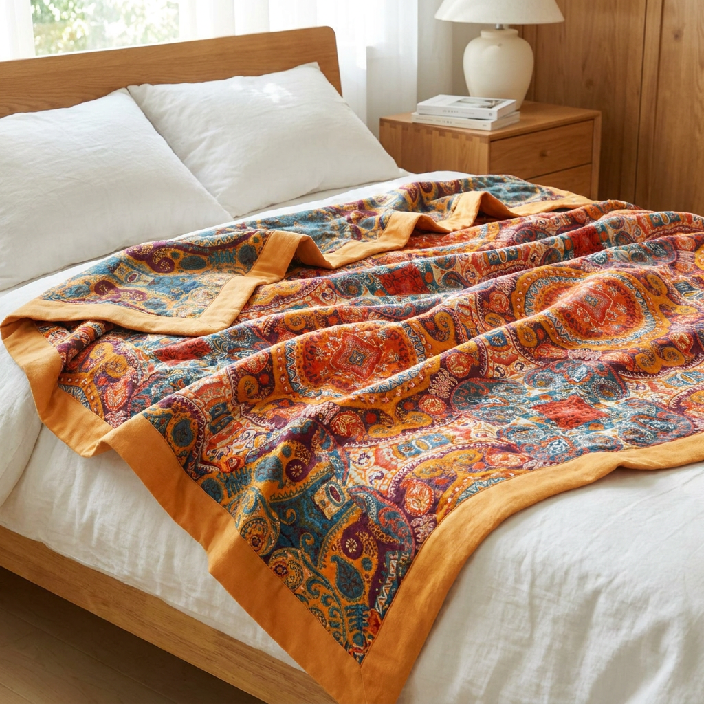 A colorful paisley patterned throw blanket with a mustard yellow border is draped across a bed with white linens in a warm, sunlit bedroom.