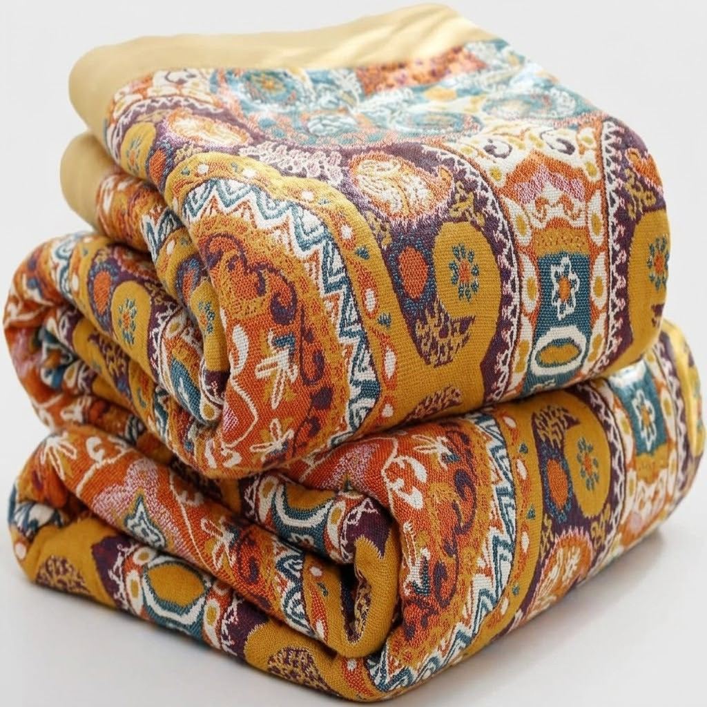 A stack of three folded patterned textiles, likely scarves or blankets, featuring a vibrant multicolor paisley and geometric design in orange, yellow, teal, and brown on a white background.