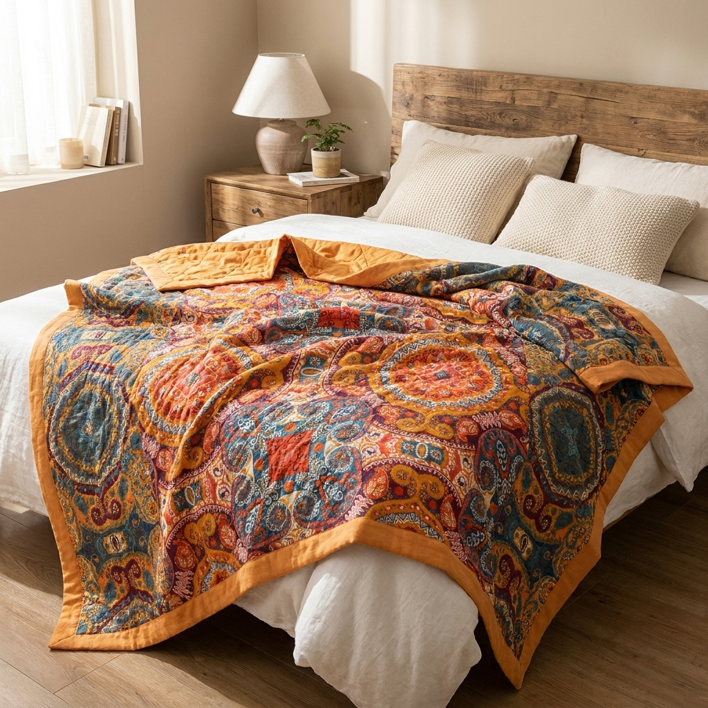 A colorful patterned quilted blanket with a mustard yellow border is draped over a bed with white linens in a warm, modern bedroom setting.