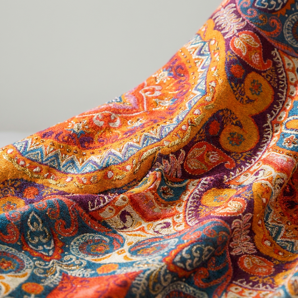 A close-up of a draped fabric with an intricate paisley pattern in vibrant orange, purple, blue, and red tones.