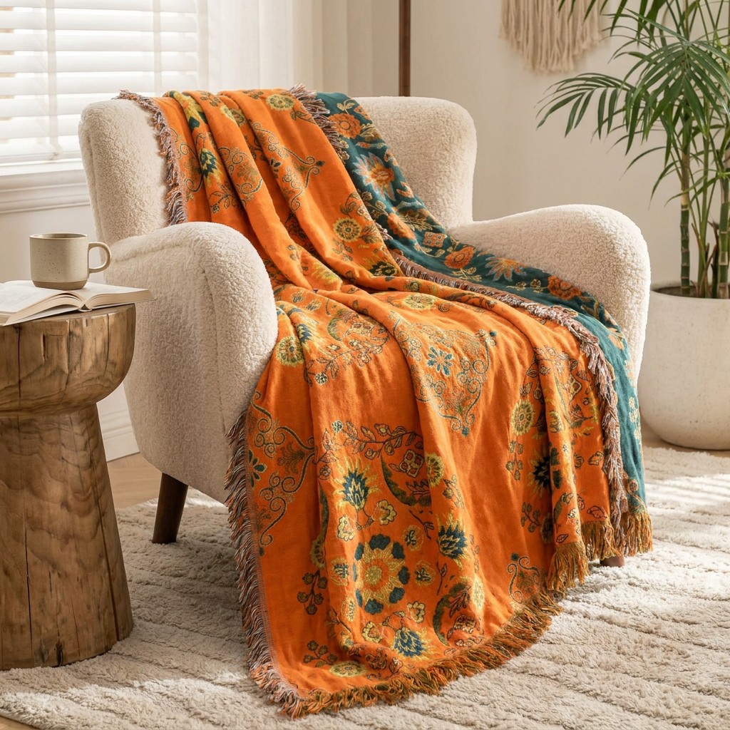 An orange throw blanket with a teal and green floral paisley pattern and fringed edges, draped over a cream boucle armchair in a bright, modern living room.