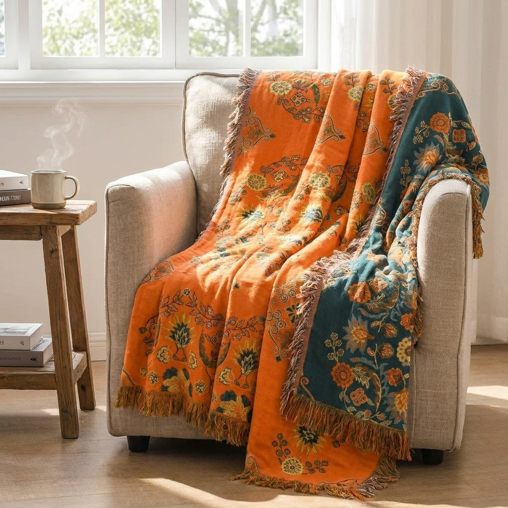 A vibrant orange and teal patterned throw blanket with fringe is draped over a beige armchair in a bright, sunlit room next to a small wooden side table with a mug.