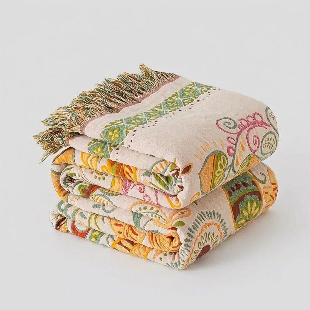 A folded multicolor patterned throw blanket with fringed edges, stacked on a light gray background.