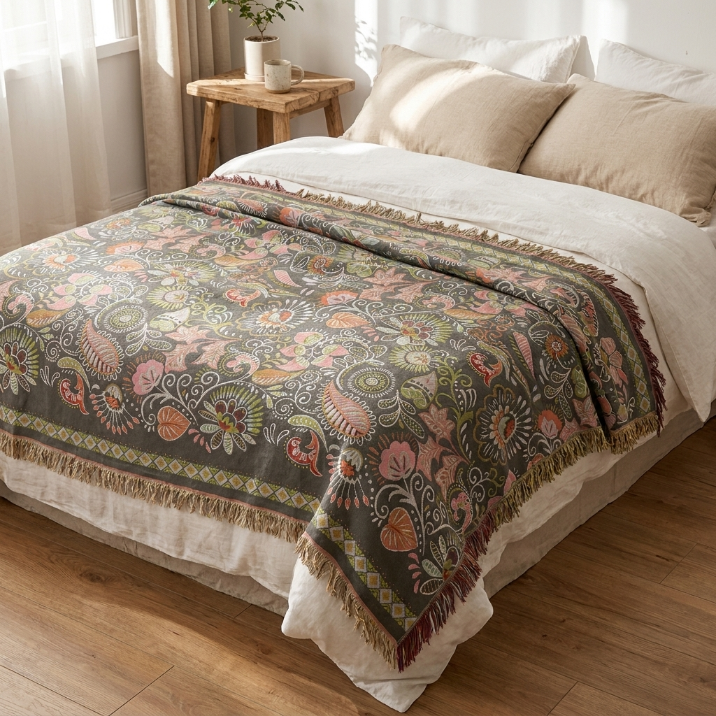 A patterned woven throw blanket with fringe is draped over a bed in a softly lit bedroom. The blanket features an intricate floral and paisley design in muted pink, sage green, terracotta, and beige tones on a dark gray base, layered over white bedding and beige pillows.