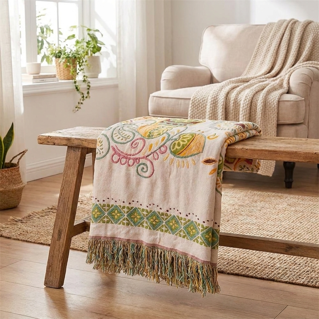 A cream-colored woven throw blanket with colorful paisley and geometric patterns, draped over a rustic wooden bench in a bright, modern living room.