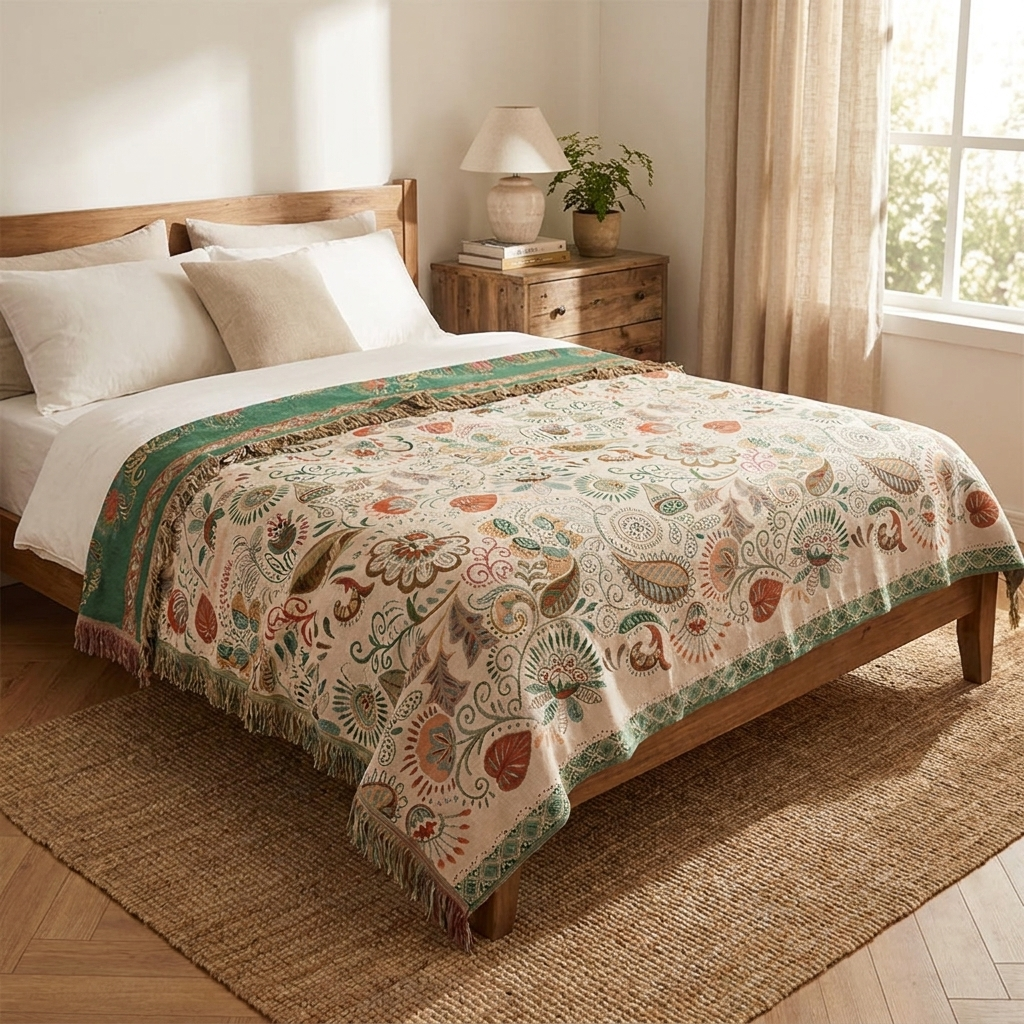 A patterned woven throw blanket with fringe is draped over a wooden bed in a bright, sunlit bedroom. The blanket features an intricate floral and paisley design in muted green, terracotta, and beige tones on a cream background.