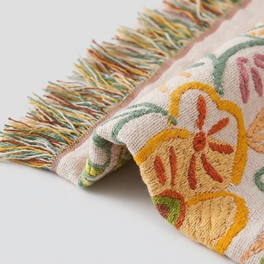 A close-up of a woven textile with multicolor fringe and a floral pattern in yellow, orange, green, and pink on a light cream background.