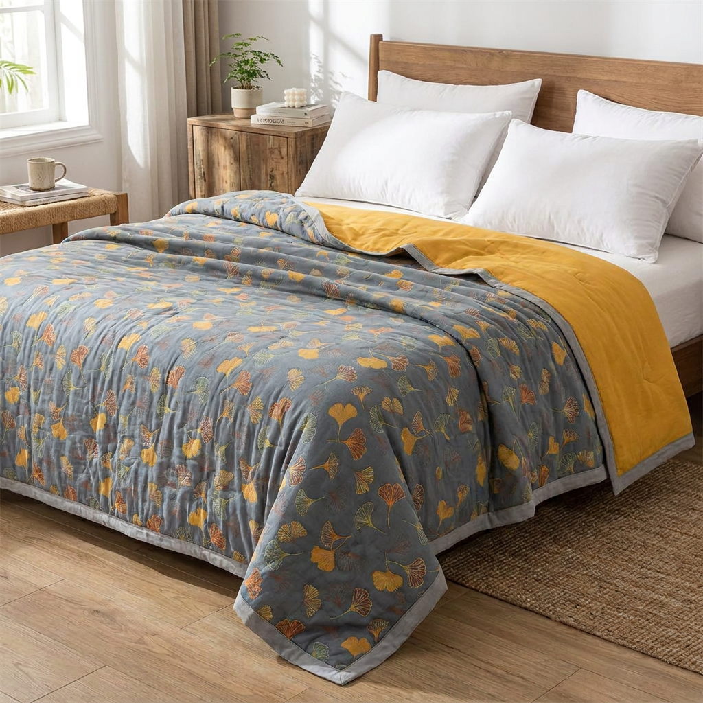 A made bed in a bright bedroom setting, featuring a gray quilted blanket with a yellow and orange ginkgo leaf pattern, layered with a solid mustard yellow throw, white pillows, and a wooden headboard.