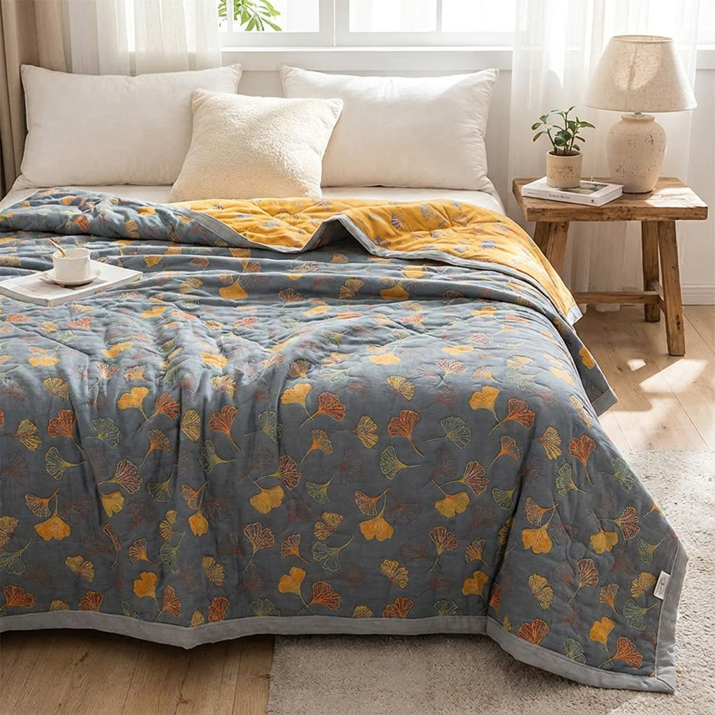A quilted bedding set styled on a bed in a bright bedroom. The set includes a slate blue-gray comforter with a yellow, orange, and green ginkgo leaf pattern, a matching yellow quilted insert, white pillows, and a cream textured throw pillow.