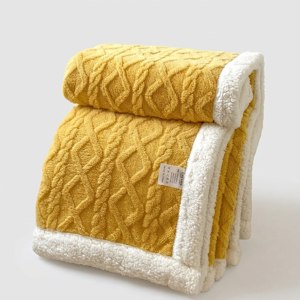 A folded mustard yellow textured blanket with a white sherpa fleece border, displayed on a light gray background.