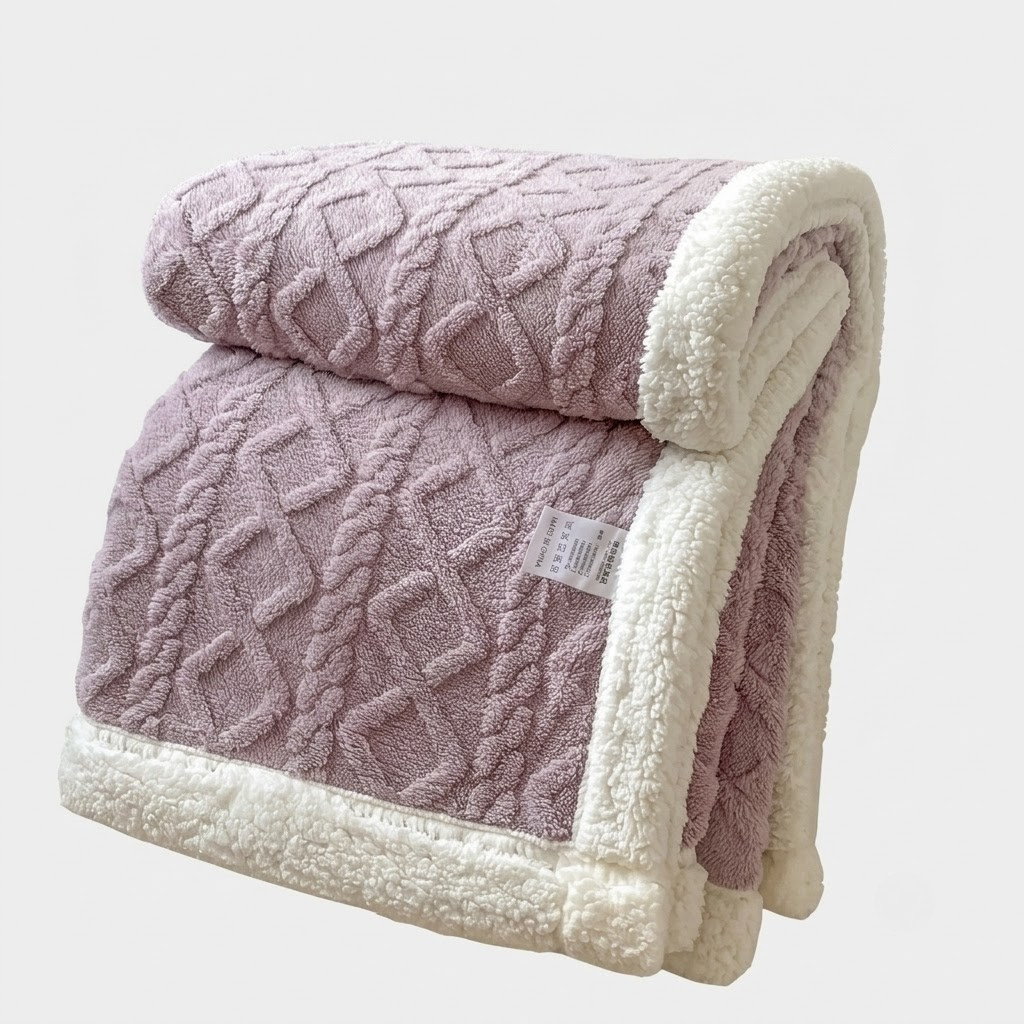 A folded fleece blanket with a textured diamond-patterned top side and a soft cream sherpa lining, shown on a light gray background.
