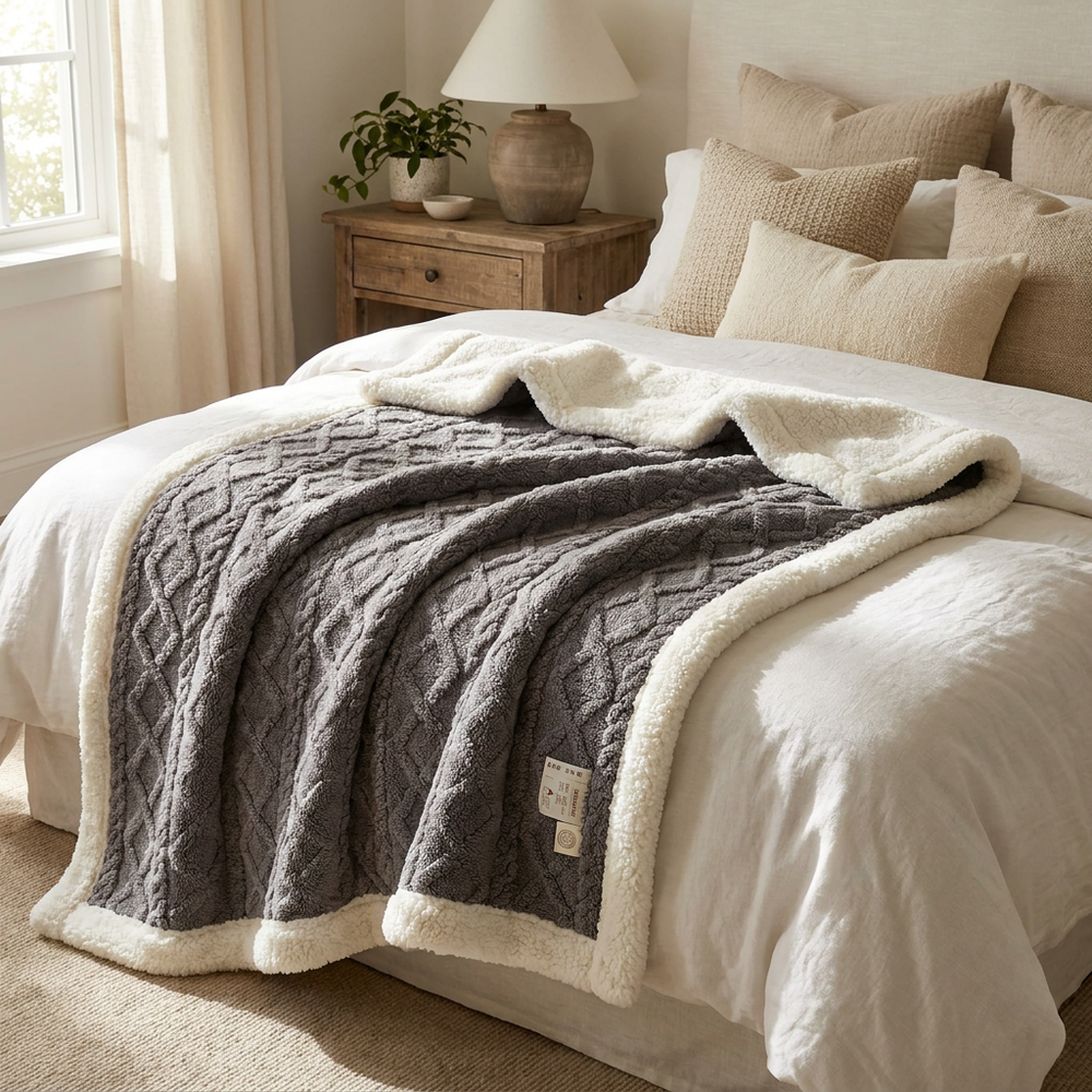 A cozy gray cable-knit throw blanket with a cream sherpa border is draped over a neatly made bed in a warm, sunlit bedroom.