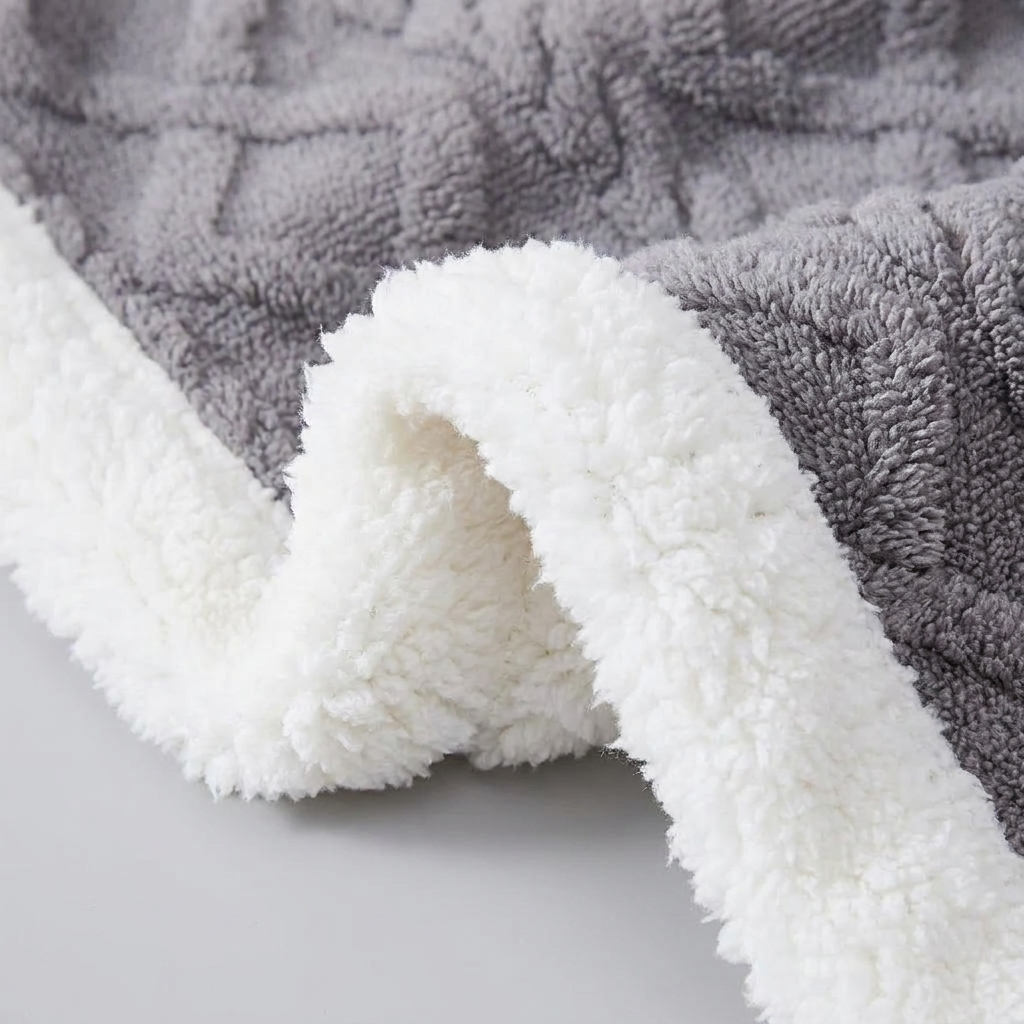 Close-up of a plush fleece blanket with a gray textured side and a soft white sherpa lining, folded over to show the reversible material.