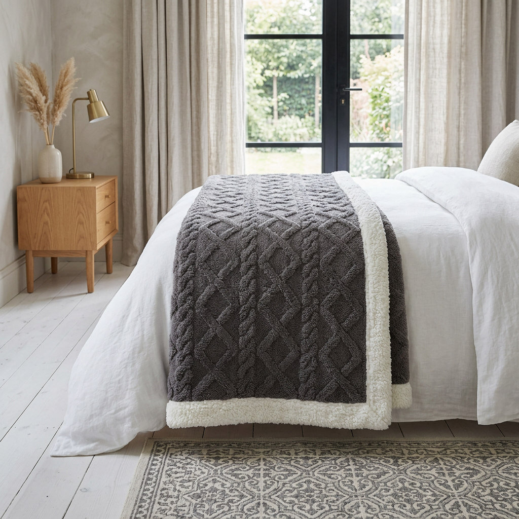 A dark gray textured quilted throw blanket with a cream sherpa border draped over a white bed in a bright, modern bedroom.