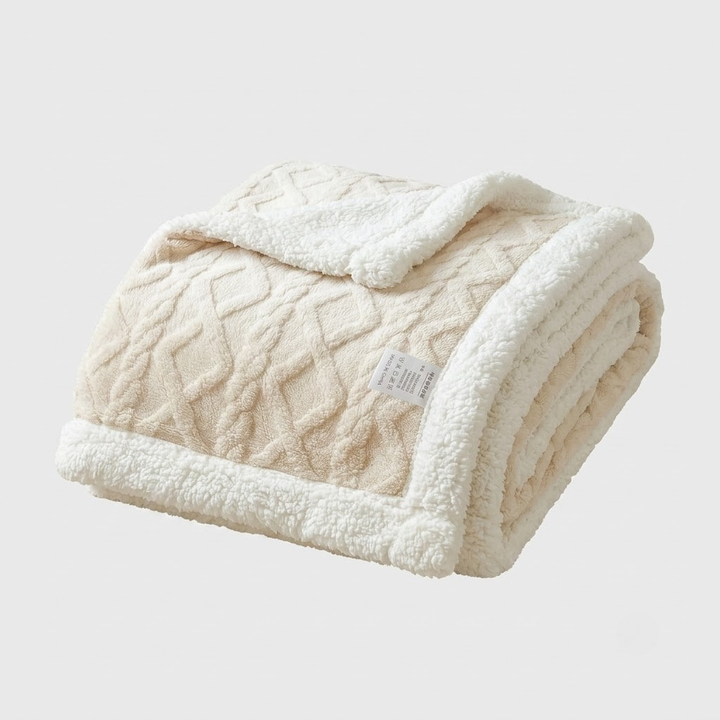 A folded cream-colored textured blanket with a plush sherpa lining and a small fabric tag, shown on a light gray background.