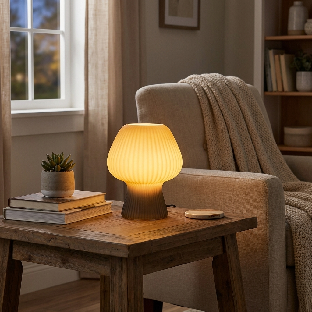A ribbed, mushroom-shaped table lamp glowing with a warm yellow light sits on a rustic wooden side table in a cozy living room setting next to a beige armchair.