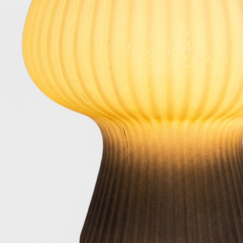 A close-up of a ribbed modern lamp with a warm yellow glowing shade fading into a dark brown base against a light gray background.