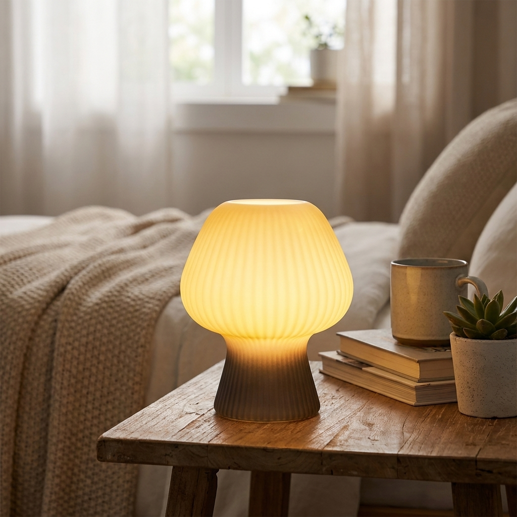 A ribbed mushroom-shaped table lamp glowing with warm yellow light, placed on a wooden bedside table in a softly lit bedroom setting with a mug, books, and a small plant nearby.