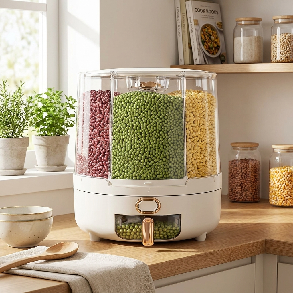 A white automatic grain dispenser with three clear vertical compartments filled with red beans, green peas, and yellow corn, set on a wooden kitchen counter with plants and jars in the background.