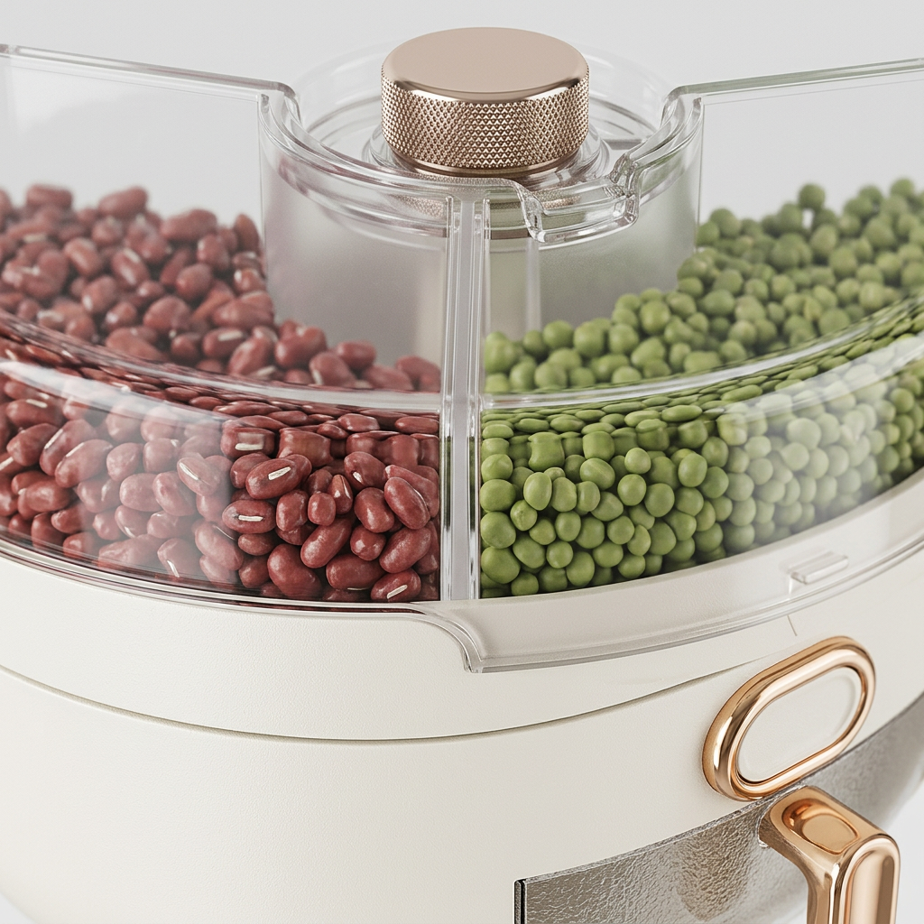 A close-up of a cream-colored plastic spice or grain dispenser with clear compartments filled with red beans and green peas, featuring metallic rose gold accents.