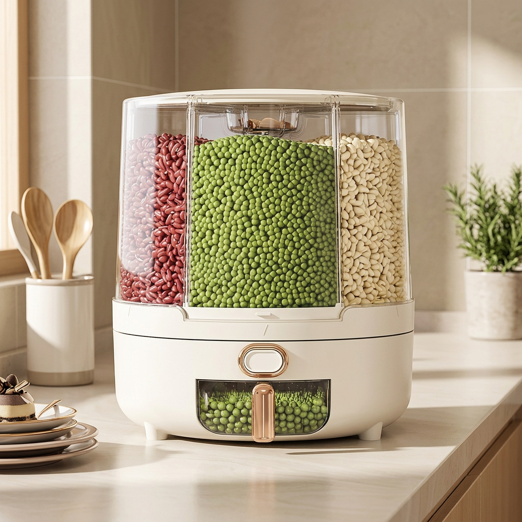 A cream-colored electric grain dispenser with three clear storage bins filled with red beans, green peas, and white beans, set on a kitchen counter.