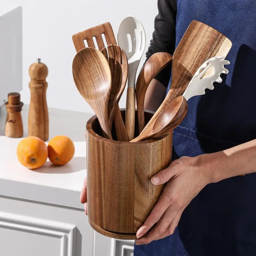 Rotating Kitchen Utensil Holder, Natural Acacia Wood 0
