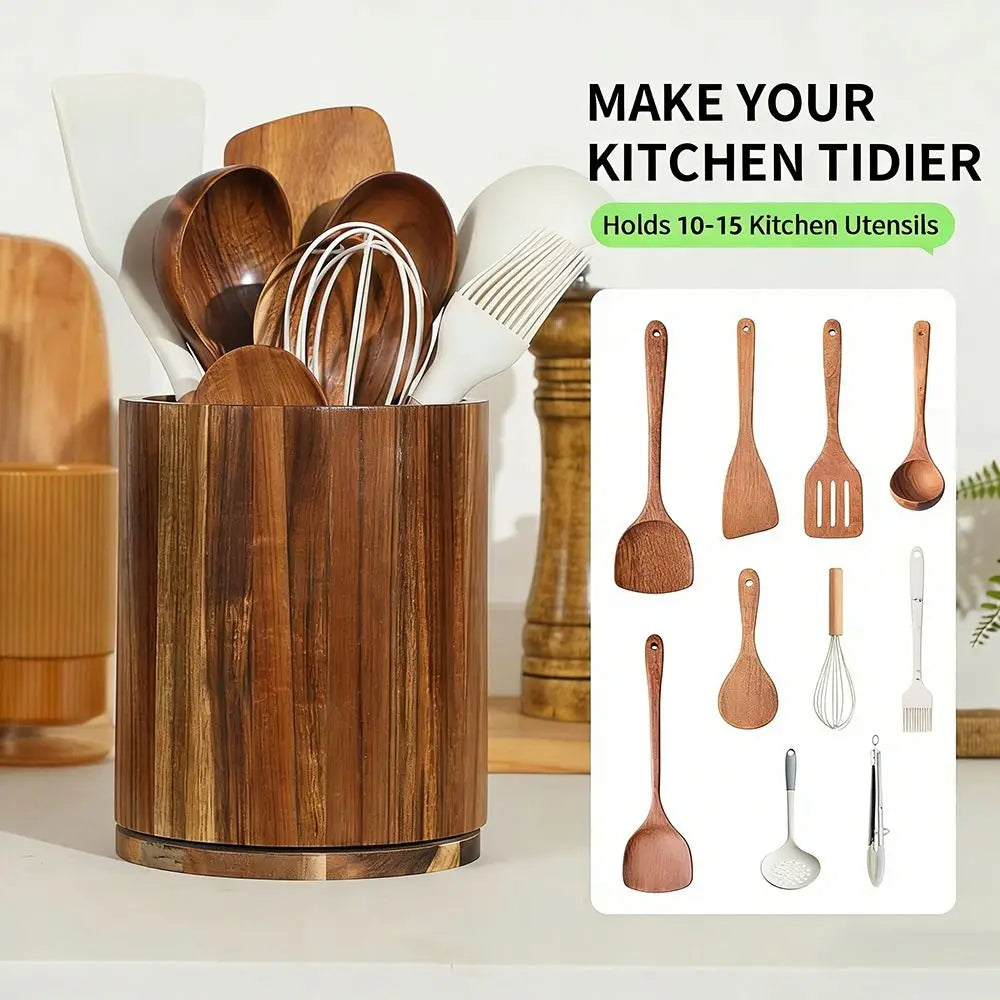Rotating Kitchen Utensil Holder, Natural Acacia Wood 1