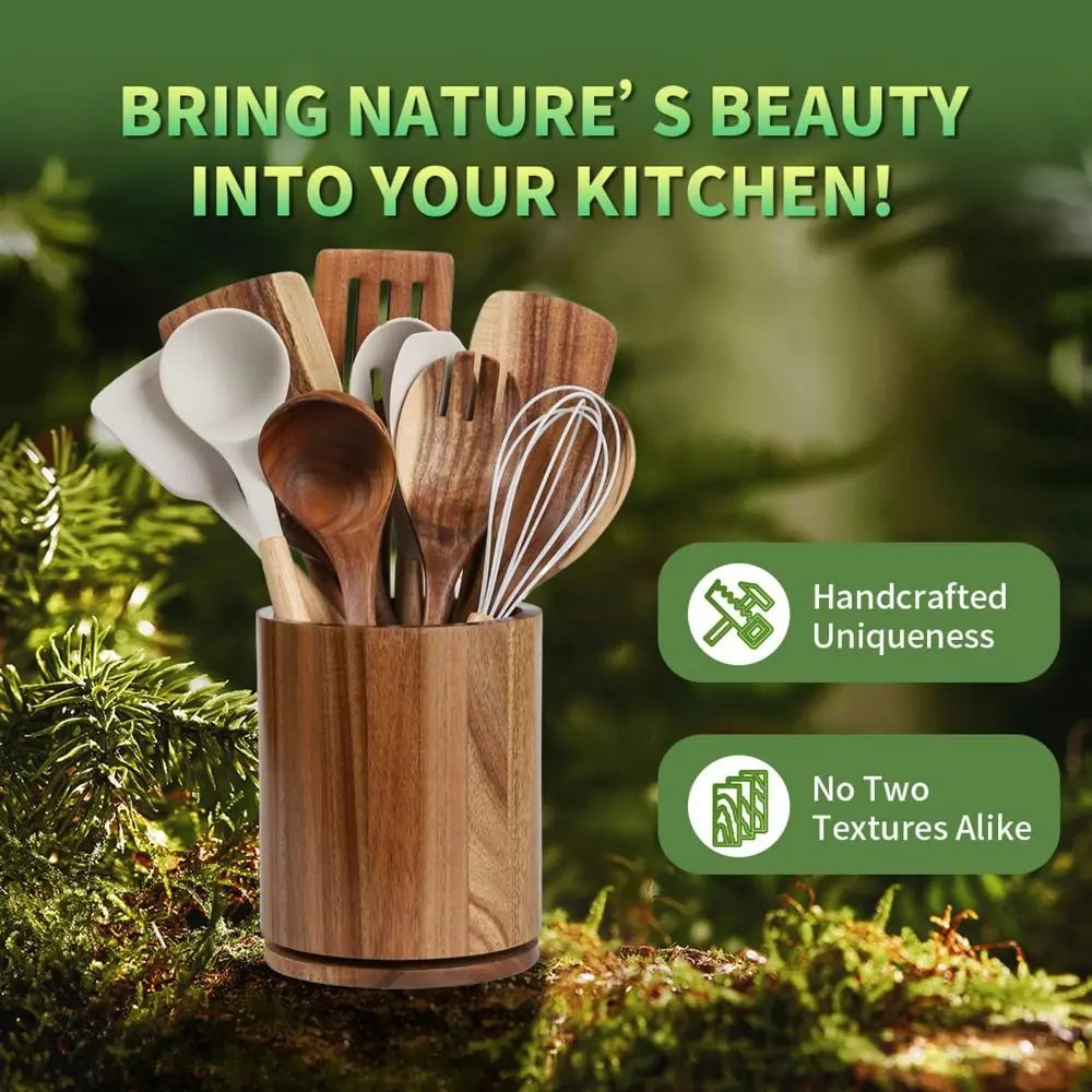 Rotating Kitchen Utensil Holder, Natural Acacia Wood 2