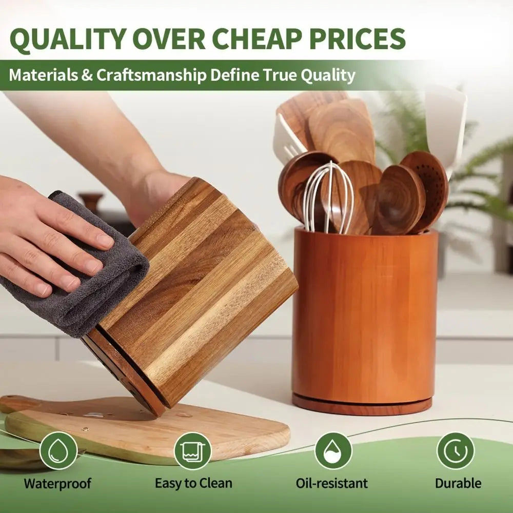 Rotating Kitchen Utensil Holder, Natural Acacia Wood 3