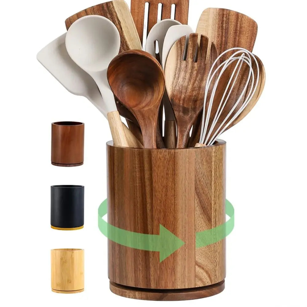 Rotating Kitchen Utensil Holder, Natural Acacia Wood 4