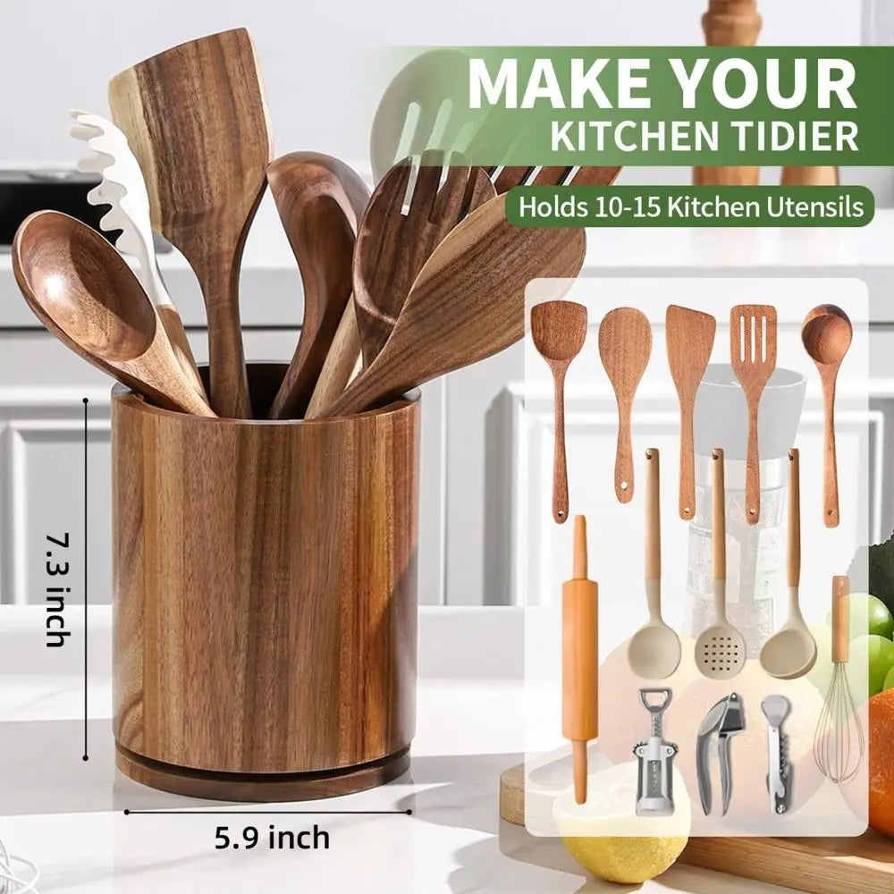 Rotating Kitchen Utensil Holder, Natural Acacia Wood 5