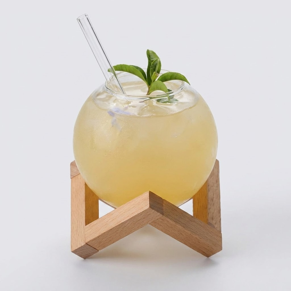A frosted glass bowl-shaped drink holder filled with pale yellow beverage, ice, a clear glass straw, and a green mint sprig, displayed on a light wood geometric stand against a light gray background.