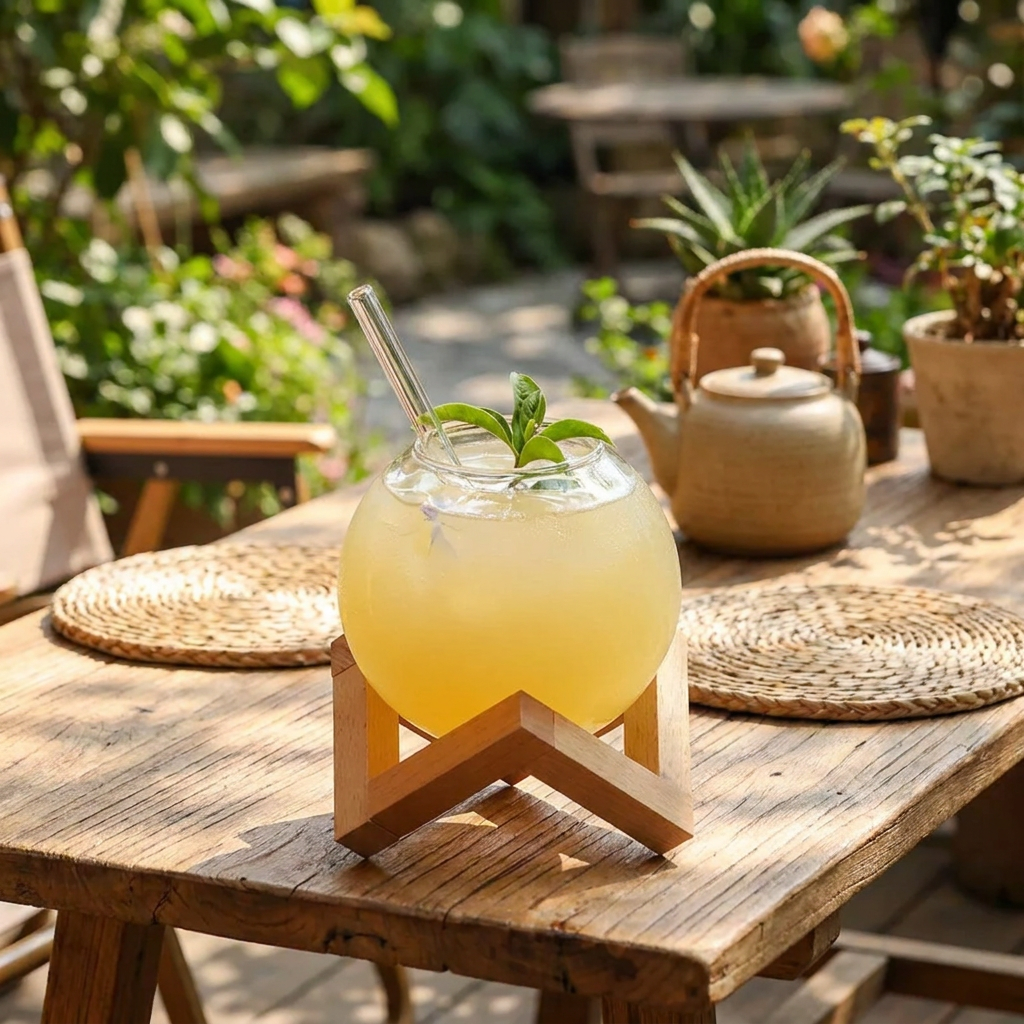 A round glass bowl filled with a pale yellow drink and topped with a mint leaf, displayed on a wooden stand on a rustic outdoor table.