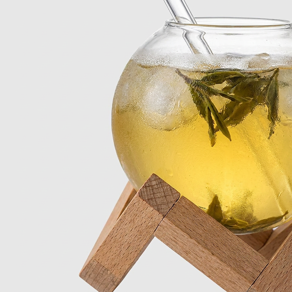 A clear glass teapot filled with pale yellow tea and visible green tea leaves, resting on a wooden stand against a light gray background.