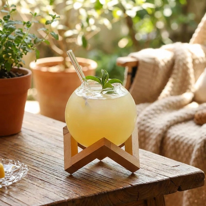 A round yellow drink in a clear glass bowl with a metal straw, set on a wooden table in a cozy outdoor patio scene with potted plants and a knitted blanket in the background.