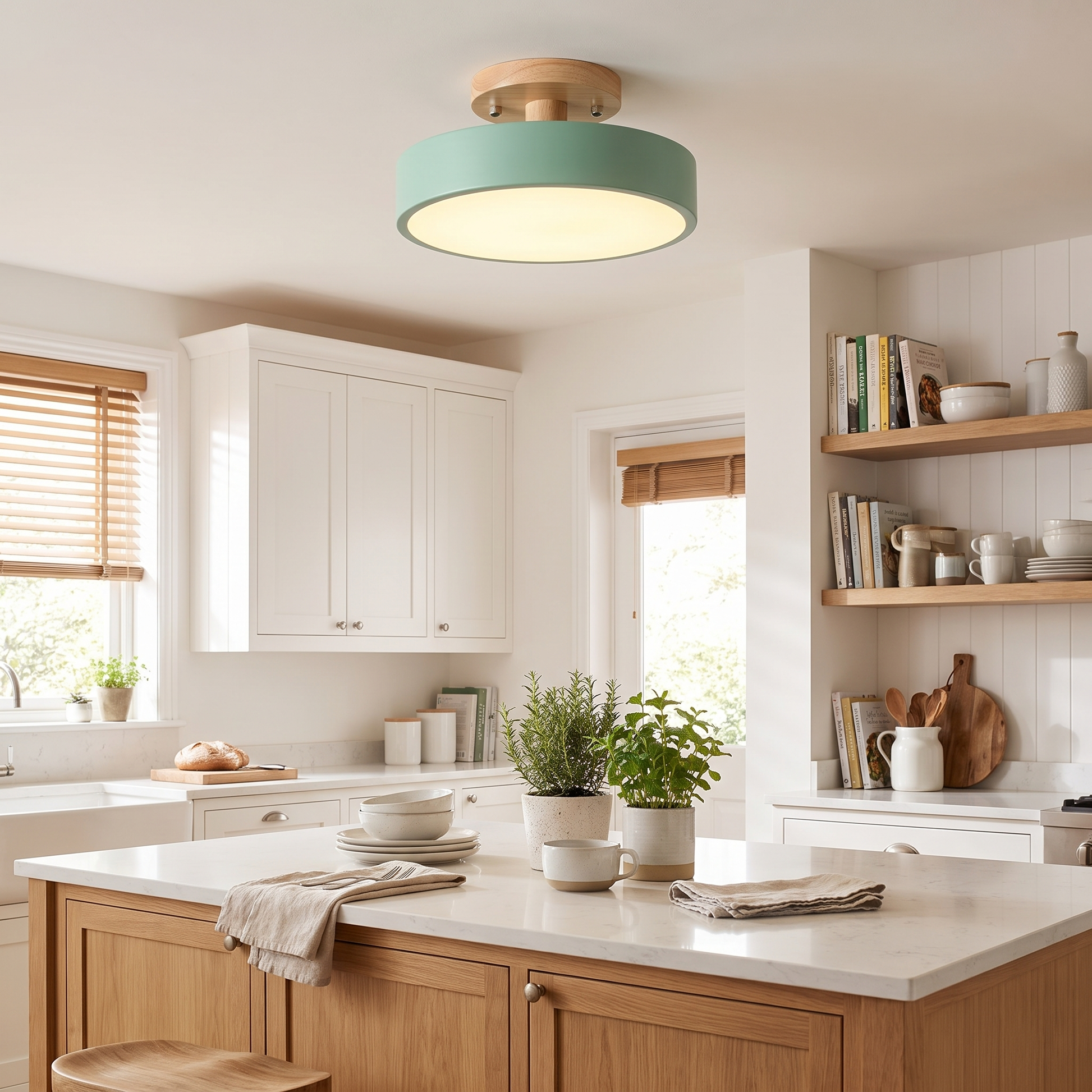 Round Wood LED Semi-Flush Ceiling Light in Five Color Options 1