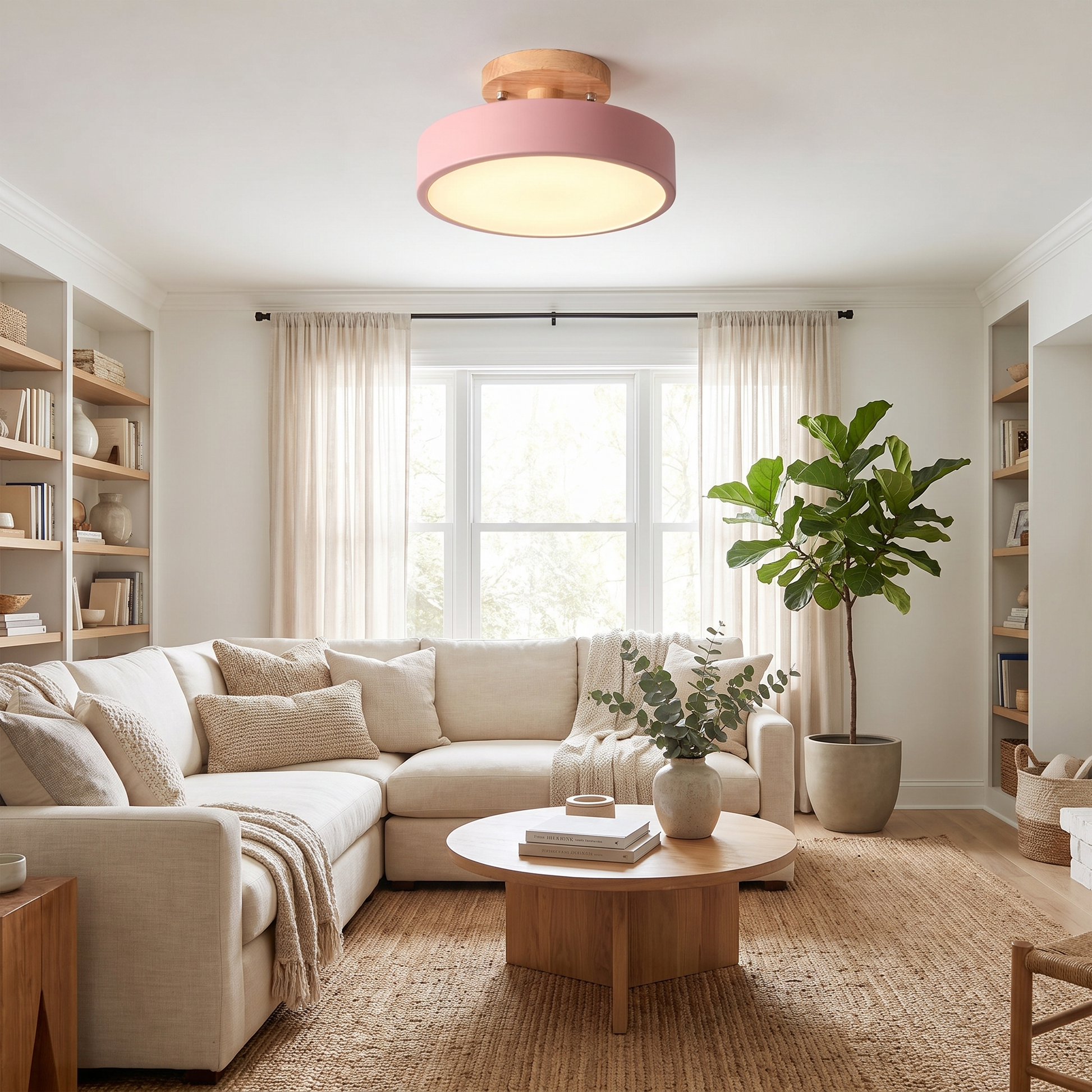 Round Wood LED Semi-Flush Ceiling Light in Five Color Options 11