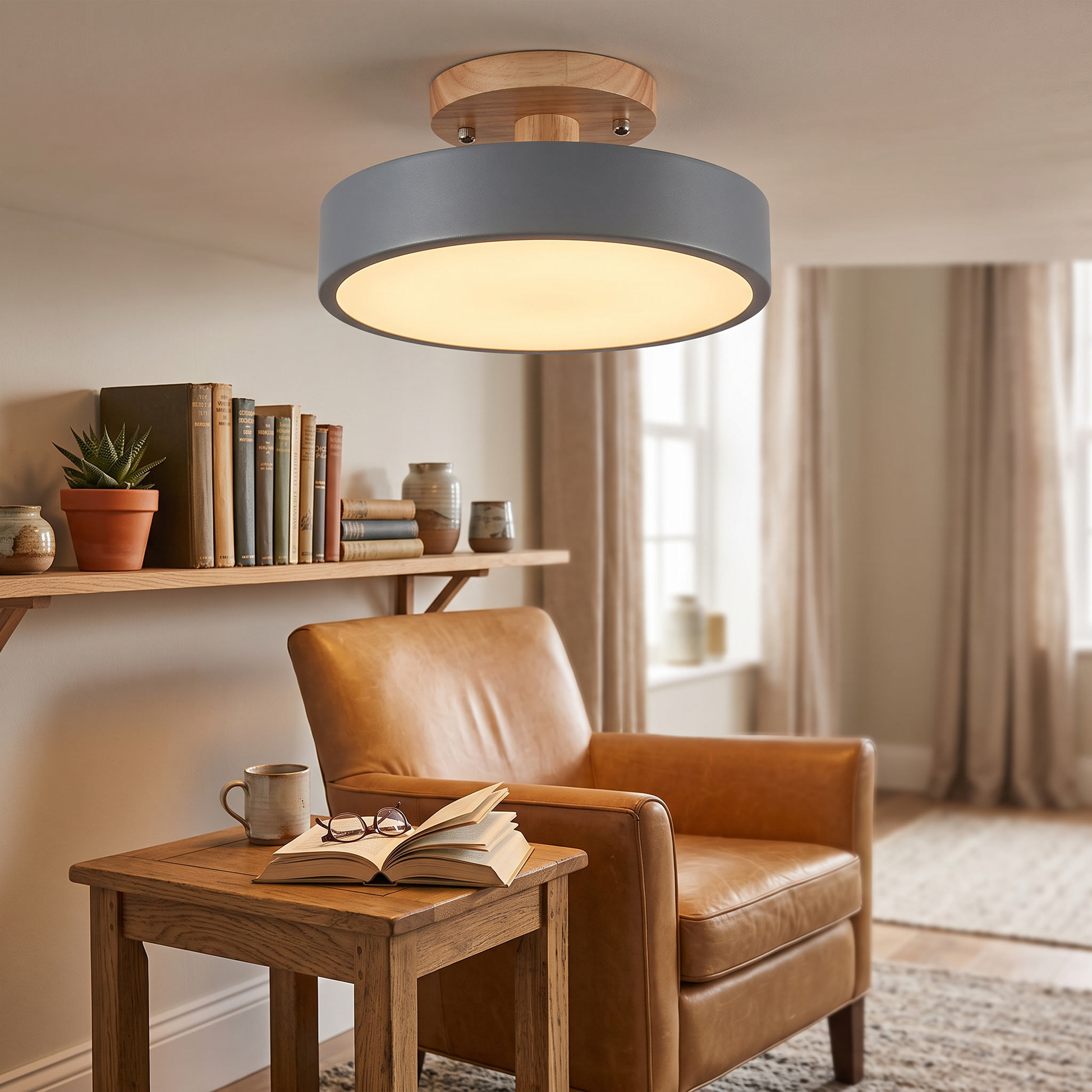 Round Wood LED Semi-Flush Ceiling Light in Five Color Options 12