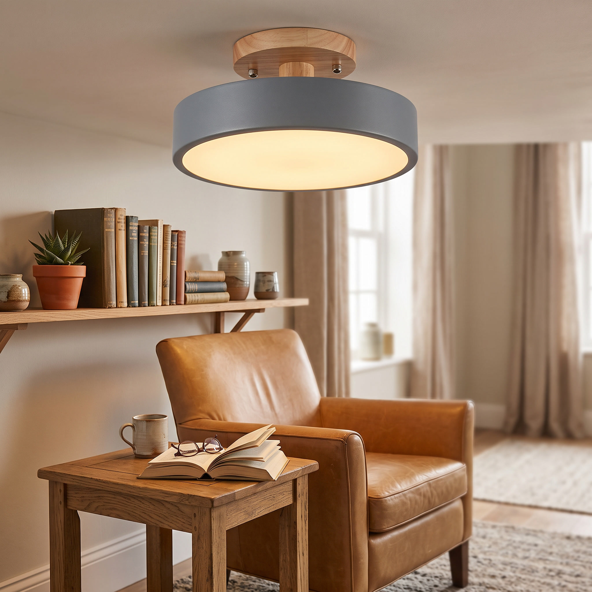 Round Wood LED Semi-Flush Ceiling Light in Five Color Options 12