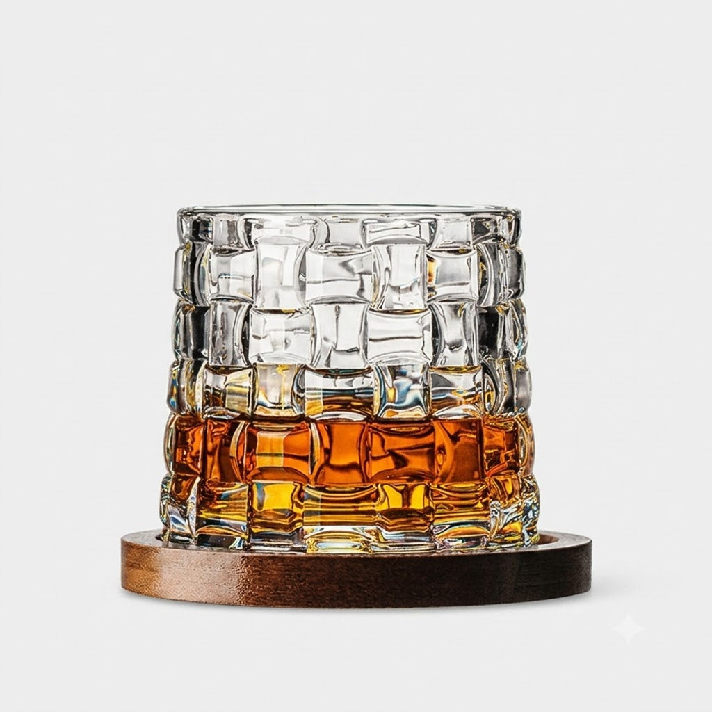 A clear textured glass tumbler with a woven pattern, partially filled with amber whiskey, resting on a round dark brown wooden coaster against a light gray background.