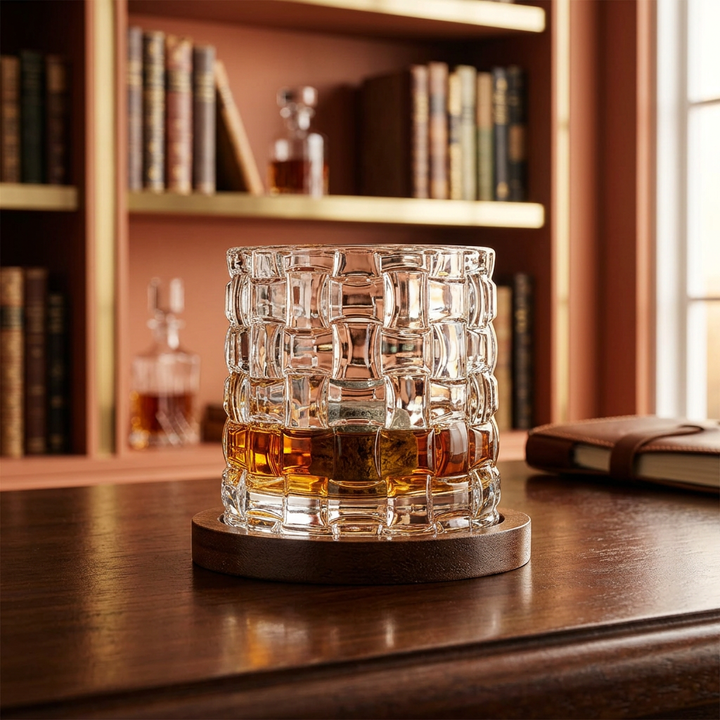 A clear textured whiskey glass with a geometric pattern, partially filled with amber liquor, resting on a round dark coaster on a wooden table. A blurred bookshelf and notebook are visible in the background.