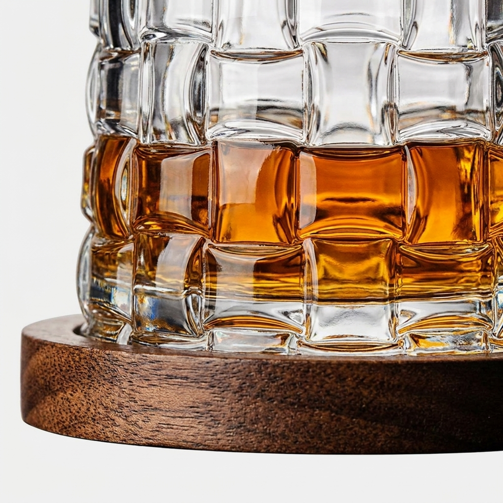 A close-up of a clear textured glass tumbler filled with amber whiskey, resting on a round dark brown wooden coaster against a light gray background.