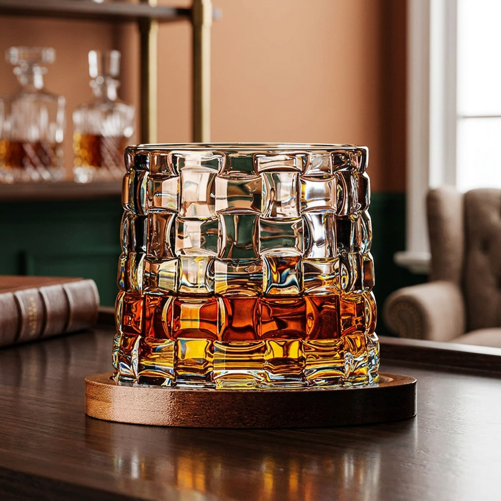 A textured clear glass whiskey tumbler with a wavy grid pattern, filled with amber liquor, resting on a round wooden coaster on a dark wooden table in a warm, blurred bar or living room setting.
