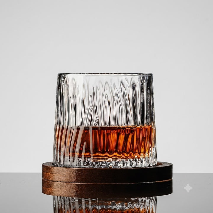 A clear textured whiskey glass with a wavy vertical pattern, partially filled with amber liquor, resting on a round dark wooden coaster against a light gray background.
